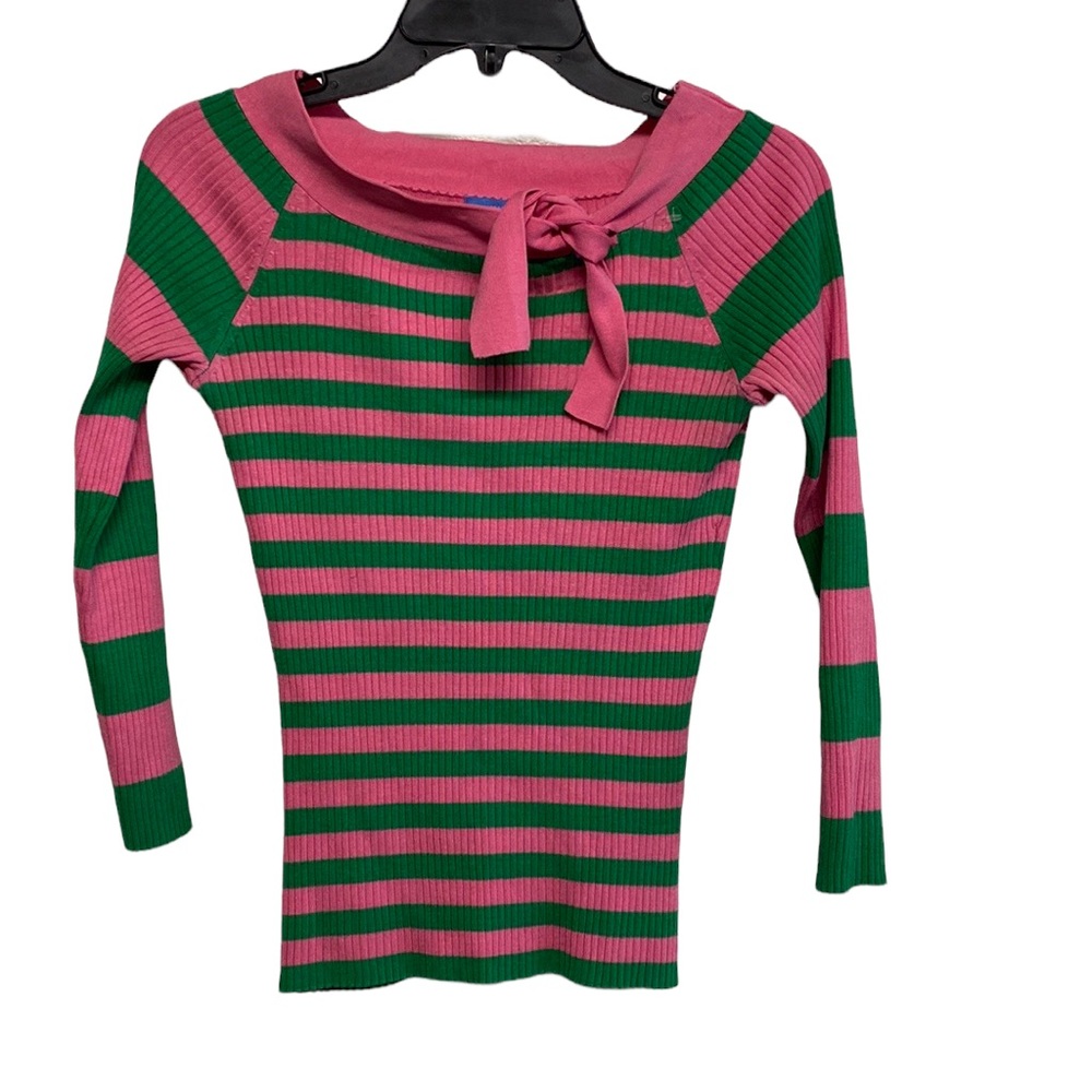 U-Knit Pink & Green Stripe Silk-Blend 3/4 Sleeve Sweater